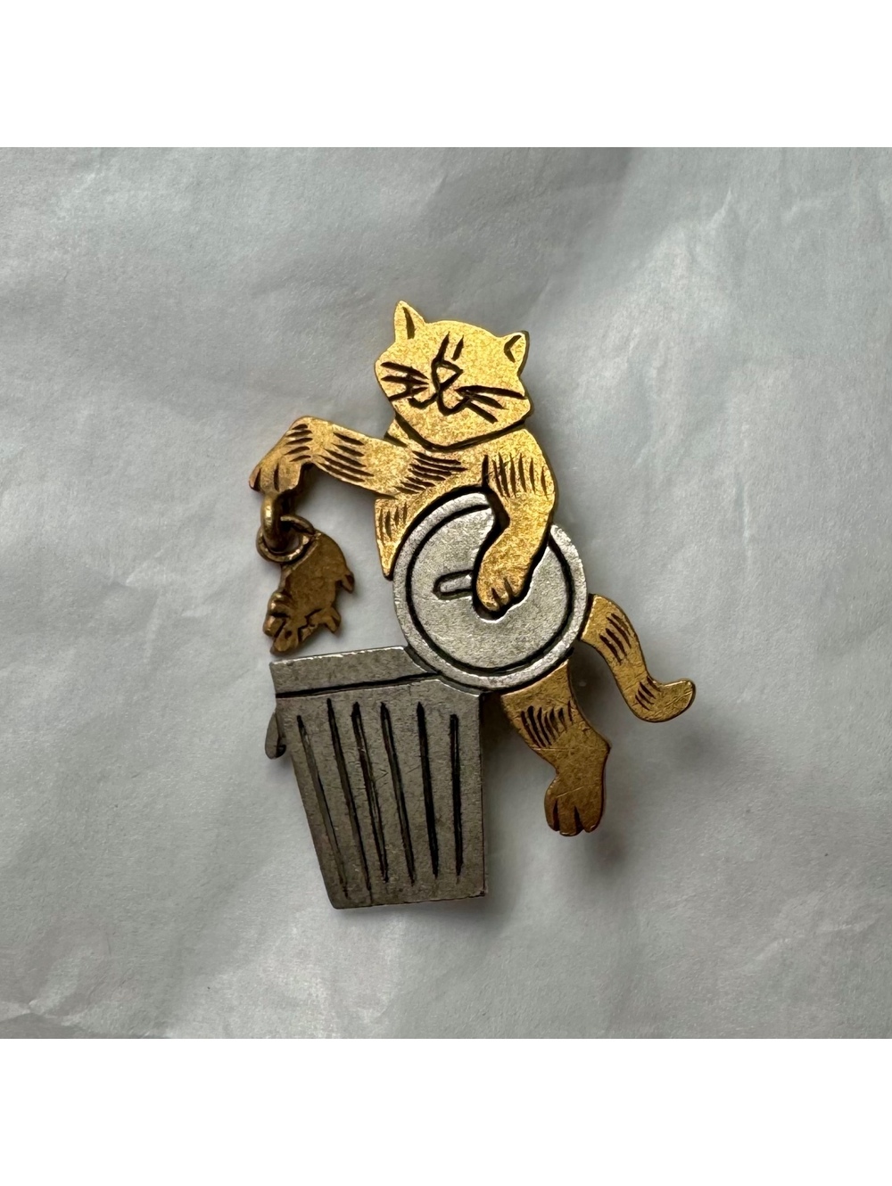 Vintage Cat and Mouse Trash Can Pin Brooch with Dangling Charm Two Tone